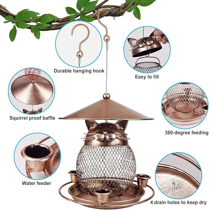 LBTING Bird Feeder for Outdoor, Squirrel Proof Metal Wild Bird Feeder Decoration for Hanging Outside Garden Yard, Cute Cat-Shaped