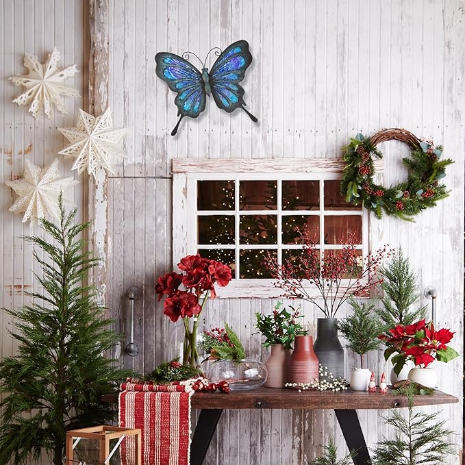 HONGLAND Metal Butterfly Wall Decor Outdoor Indoor Art Sculpture Hanging Glass Decorations Blue for Home Garden Bedroom