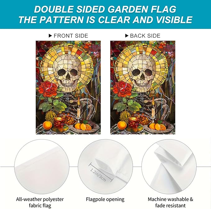 Halloween Horror Garden Flag 12x18 Inch Stained Glass Skull Candle Rose Flag Spooky Skull Outdoor Yard Decoration House Banner Porch Lawn Patio Home Decor