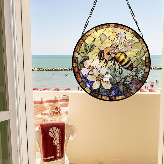 Stained Glass Window Hanging, Vintage Bee Yellow Flower Sun Catcher for Window Door Home Decor Suncatcher Christmas Mother's Day Birthday Gifts for Women Men Mom and Nana 15 in