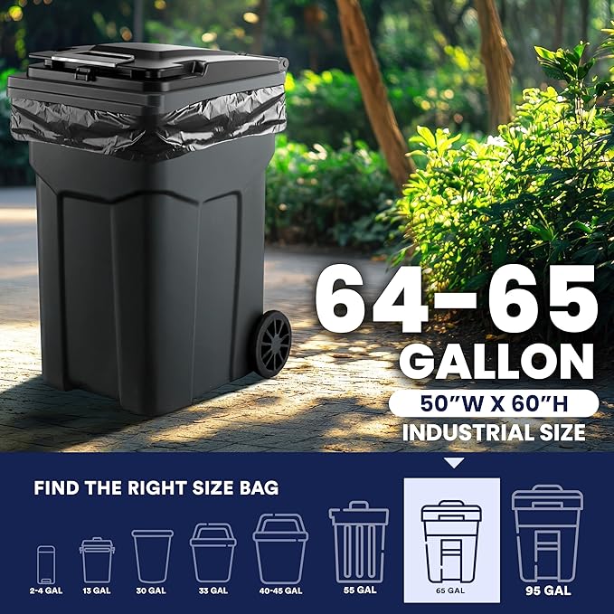 Plasticplace 64-65 Gallon Trash Can Liners for Toter │ 3.0 Mil │ Black Heavy Duty Garbage Bags │ 50” x 60” (25 Count),W65LDBTL3