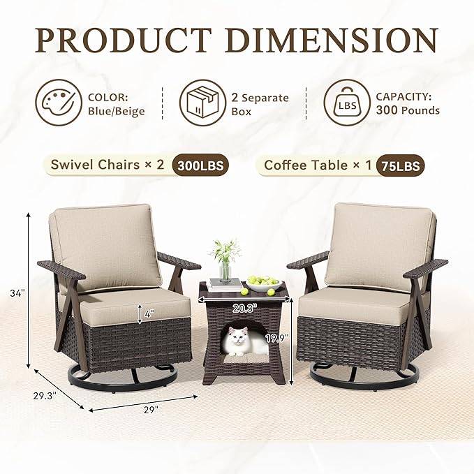 Outdoor Swivel Rocker Chairs, 3 Pieces Wicker Swivel Patio Chair with Rattan Side Table, Patio Furniture Set for Outside Porch Deck