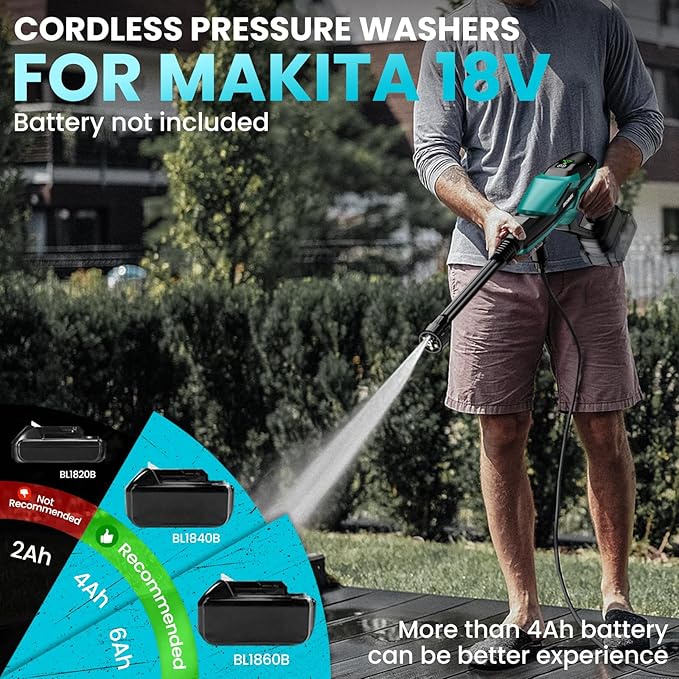 Cordless Pressure Washer for Makita 18V Battery, 800 PSI Portable Handheld Power Washer with Brushless Motor, 6-in-1 Nozzle, 3 Level Adjustable for Car Yard Fence Wall Cleaning (Battery Not Included)