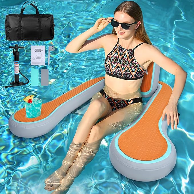 Inflatable Floating Chair Pool Lounger Float for Adults with Cup Holder, Floating Chair with Non-Slip EVA Pad Storage Bag for Pool, Lake, River, Party, Beach, 48 X 45 Inch