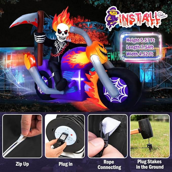 6 FT Halloween Inflatable Grim Reaper Motorcycle Rider Scary Halloween Blow Up Outdoor Decorations Grim Reaper Riding on Motorbike with Built-in LEDs Garden Blow up Yard Decor