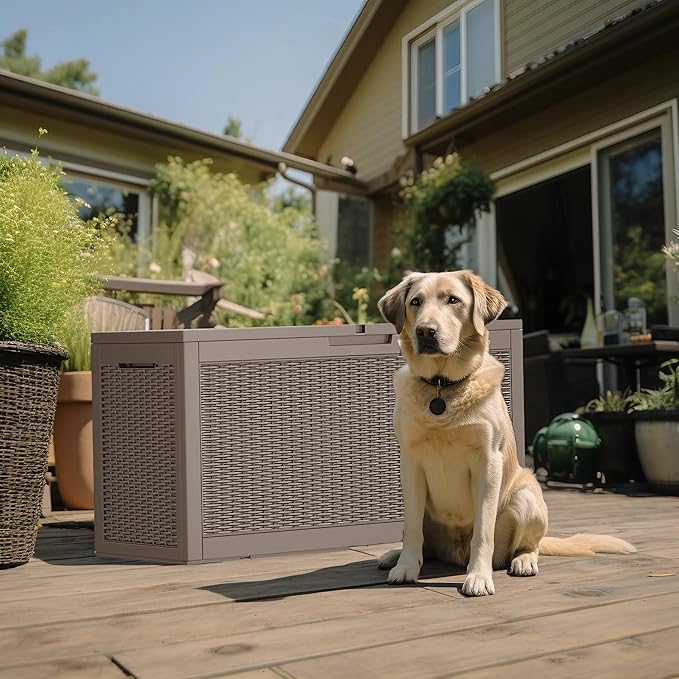 DRATO 320 Gallon Deck Box, Outdoor Large Waterproof Resin Storage Box with Lockable Lid for Patio Cushions, Gardening Tools, Light Brown