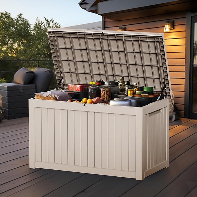 ROJIK Outdoor Storage Housing Deck Box,Waterproof Patio Furniture, Garden Tools,Cushions,Pool Accessories Storage Bench with Lockable Lid and Side Handles (Grey,280 Gal)