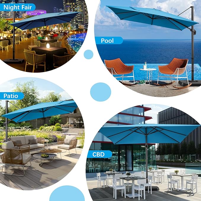 Hotime 10ft Patio Umbrella Outdoor Patio Height adjustable and Windproof, Heavy Duty Aluminum Square Offset Patio Umbrella Cantilever Pool Umbrella with 360°Rotation for Garden Deck Pool, Light Blue