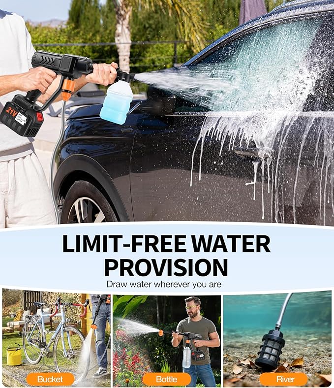 Cordless Pressure Washer Battery Operated, 500 PSI Cordless Power Washer with 6-in-1 Nozzle & Foam Cannon, Handheld Pressure Washer with Triple Water Source & 16FT Hose for Car, Home, Yard