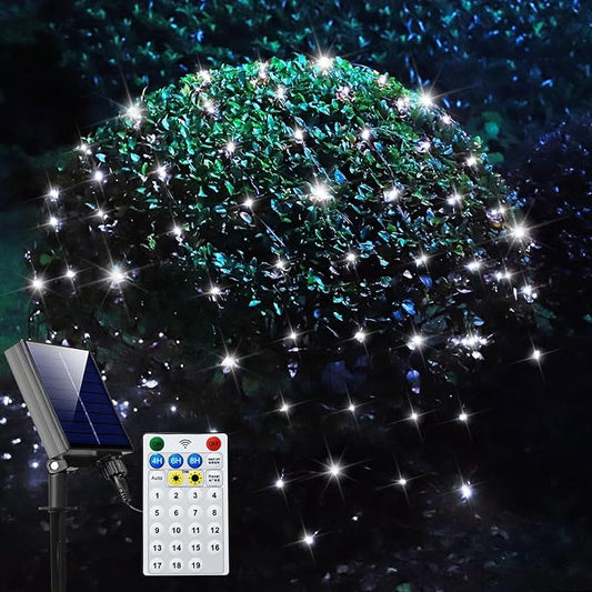 Solar Net Lights Outdoor Mesh Lights Christmas Decorations, 200LED String Tree Wrap Waterproof 19 Modes for Bushes, Fence,Garden, Shrubs,Trunk, Halloween,Xmas Decor (White, 9.8ft x 6.6ft)