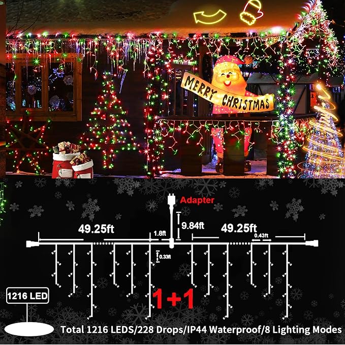 KNONEW 99ft 1216 LED Christmas Lights Outdoor Decorations with 228 Drops, 8 Modes Curtain Fairy Light, Clear Wire LED String Light Decor for Wedding Party Christmas (Red and Green)
