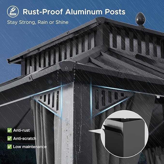 SUNJOY Kingston 12' x 10' Hardtop Gazebo with Galvanized Steel/Polycarbonate Double Roof, Curtain and Netting, Gray Aluminum Posts Permanent Pavilion Gazebo for Garden, Patio, Deck, Lawn