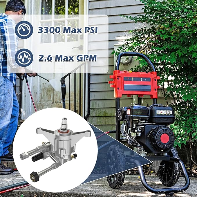 AgiiMan High Pressure Washer Pump Head - Replacement Water Gasoline Pump, 3300 Psi Troy Bilt SRMW22G26-EZ Oil Pump Accssories Fits KARCHER Craftsman, Front Facing Inlet Outlet