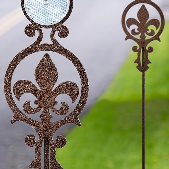 Touch of Class Pathways Reflective Driveway Marker Stake Set of Two for Outdoor Use | Fleur-de-Lis Emblem Design | Personalized Tall Reflector Set of 2 | Weathered Bronze Durable Finish