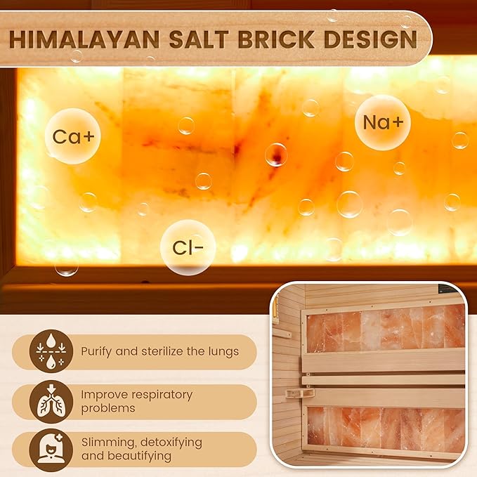 Traditional Steam Saunas for 2-4 Person,Luxurious Indoor Sauna with 2300W Stove Heater,Wood Saunas Room with 2 Himalayan Salt Bricks,7-Color Dynamic Abysm Sky Lights,Bluetooth Speaker