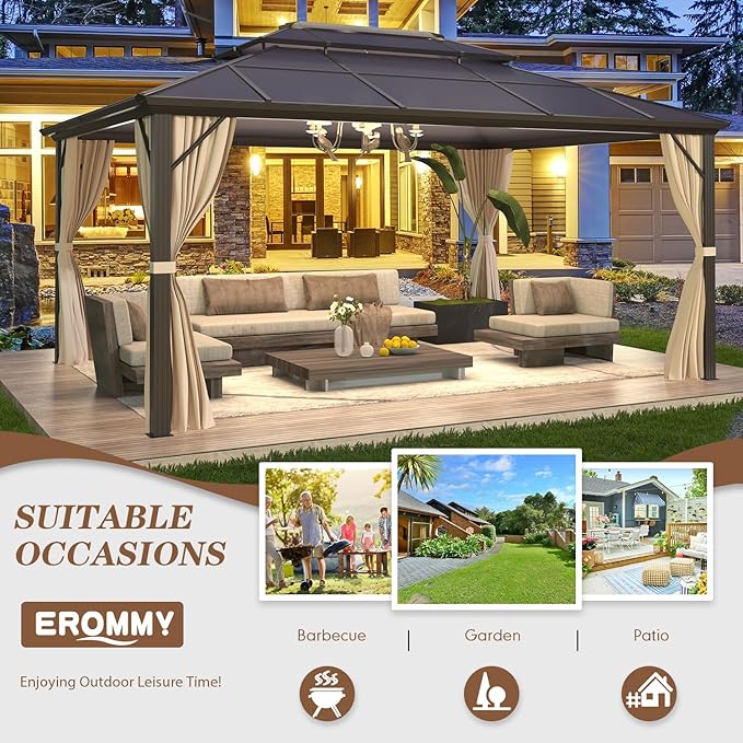 EROMMY 12'x16' Gazebo Polycarbonate Double Roof Pavilion Gazebo Outdoor Aluminum Frame Canopy with Netting and Curtains for Garden Patio Lawns Parties