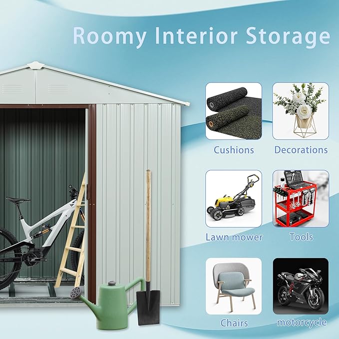 8 x 4 FT Outdoor Storage Shed, Metal Garden Shed with Floor Frame, Tool Shed Outdoor Storage with Lockable Sliding Doors & Window & Air Vents, Storage House Waterproof for Backyard, Lawn, White