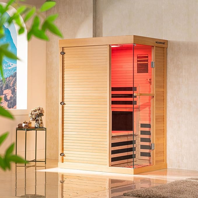 Woodbridge Infrared Home Sauna Room 1 Person Hemlock Wooden Indoor Sauna,7 Carbon 1560W/120V Heaters,with Led Color Therapy Light,Bluetooth Speaker,Tempered Glass,Touch-Tone Keypad and A Top Vent