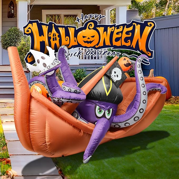 VCUTEKA 7FT Halloween Inflatable Octopus Pirate Ship Pumpkin Ghosts Outdoor Decoration, Blow Up Decor with LED Lights for Holiday Party Inflatables Indoor Home Garden Lawn Yard Decorations