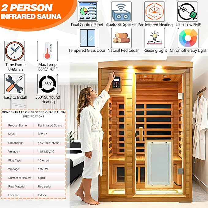 2 Person Infrared Sauna for Home, Red Cedar Ultra Low EMF (0-1mG) Far Infrared Sauna, 1750W Indoor Wooden Saunas Room with Bluetooth Speakers, Chromotherapy Lights & Door Heated Panels