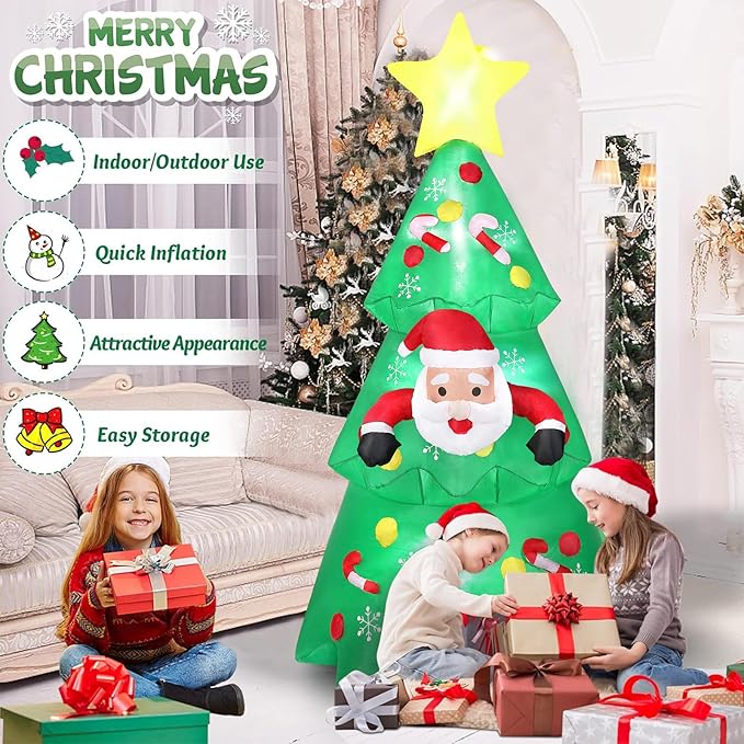 Dremisland 7FT Christmas Tree Inflatables Outdoor Decoration LED Light Up Christmas Inflatable Tree with Santa Blow Up Yard Decorations Outdoor Christmas Holiday Party Yard Garden Lawn Decoration