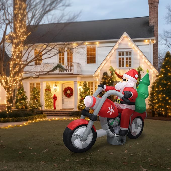 Fraser Hill Farm 7-Ft. Wide Santa on Motorcycle Blow Up Inflatable with Lights, Outdoor Christmas Inflatable Decoration for Lawn and Yard, Giant Festive Holiday Decor
