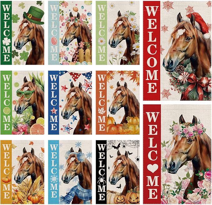 Seasonal Garden Flags Horse Double Sided Flags Set of 11 Holiday Farmhouse Indoor Outdoor Christmas Gifts Yard Lawn Decorations 12.5x18 Inch