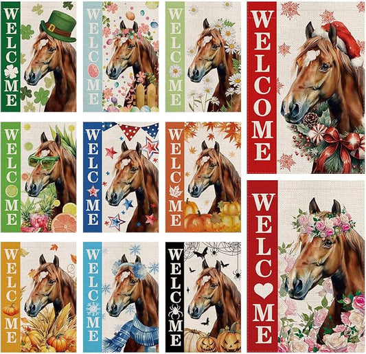 Seasonal Garden Flags Horse Double Sided Flags Set of 11 Holiday Farmhouse Indoor Outdoor Christmas Gifts Yard Lawn Decorations 12.5x18 Inch