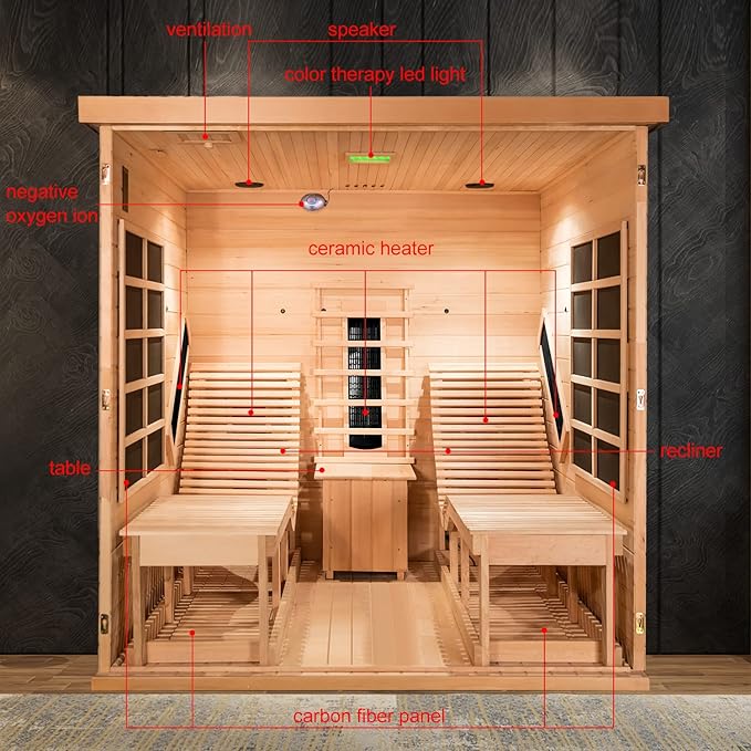 ZONEMEL Full Spectrum Infrared 2 Person Wooden Sauna Room with Recliner, Red Cedar Luxury Indoor Sauna with 10 Heaters, Oxygen Bar, Lights, 3400 Watt, Infrared Therapy Wood Dry Heat Sauna, 220V