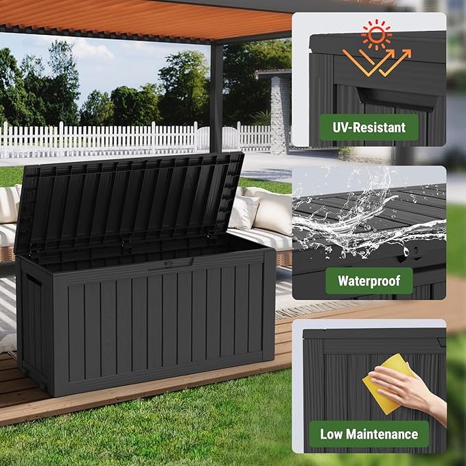 Mars Villa Deck Box, Waterproof Weatherproof and UV Resistant Resin Storage Bin with Lockable Lid, Ideal for, Outdoor, Patio Furniture Cushions, Pool Supplies, Garden Tools (72 Gallon, Black)