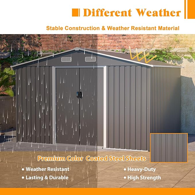 Storage Shed 10x8 FT Outdoor Metal Garden Shed with Lockable Sliding Door and Air Vents Galvanized Steel Shed with Air Vents Waterproof Roof Ideal for Backyard Patio Lawn Dark Gray