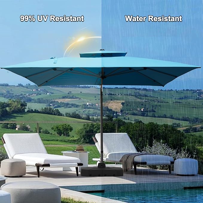 Domi 10x10ft Auto-Bloom Patio Umbrella - Outdoor Large Square Cantilever Umbrella, Heavy Duty Windproof Offset Aluminum Sun Shade with UV Protection for Beach, Pool, Balcony, Porch, Deck, Lake Blue