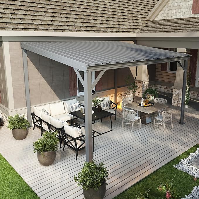 Domi 10’x12’ Wall-Mounted Hardtop Gazebo Pergola – Permanent Lean-to Outdoor Shelter with Sloped Galvanized Steel Roof & Upgraded Drainage – Grey Metal Patio Cover for Backyard, Deck, Garden