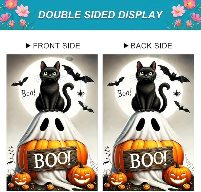 Halloween Garden Flag 12x18 inch Double Sided Boo Black Cat Flags Pumpkin Banner Spooky Bat Moon Small Yard Flag for Fall Outdoor Halloween Party Decoration