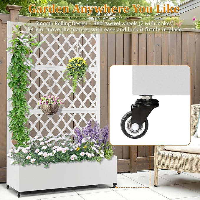 Metal Planter Box with Trellis, Heavy-Duty Raised Garden Bed for Climbing Plants, Drainage Hole, Outdoor Planter Box with Privacy Screen，47''L×16''W×71''H