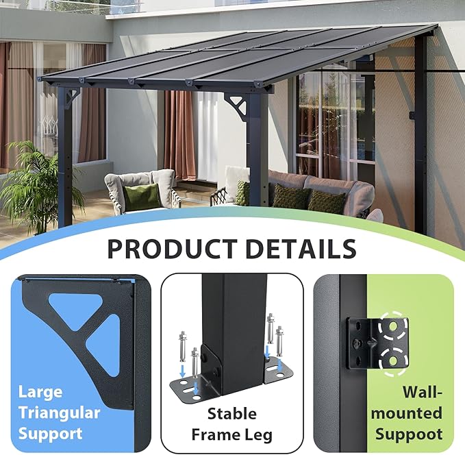 Aoxun 8'x10' Gazebo for Patio, Premium Pergola with Sloped Roof, Large Wall-Mounted Heavy Duty Awnings, for Backyard, Patio, Deck and More (Gray Polycarbonate Panel)