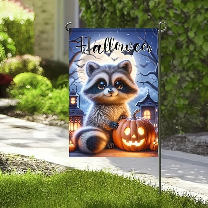 Welcome Halloween Garden Flag Fall Pumpkin Raccoon Garden Flag Vertical Double Sided 12 x 18 Inch Seasonal Autumn Thanksgiving Yard Outdoor Decoration