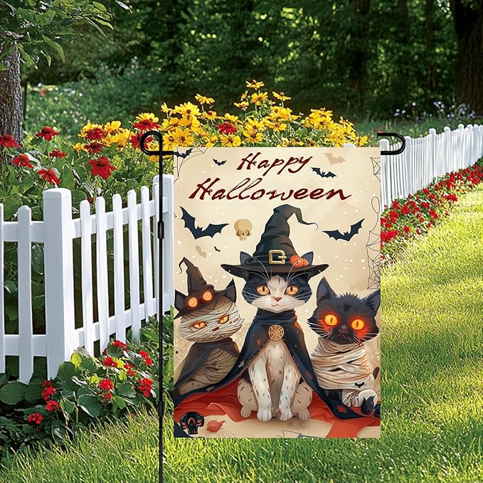 Happy Halloween Garden Flag Three Cute Cats Witch Mummy Flag 12x18 Inch Double Sided Spooky Outdoor Yard Decor House Banner Porch Lawn Patio Home Decoration