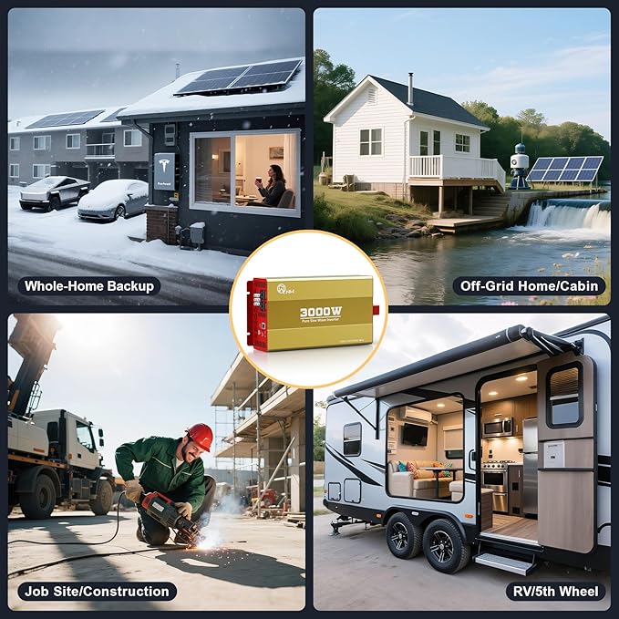 3000W Pure Sine Wave Inverter 12V DC to 120V AC Converter for Family Emergency Preparedness,Camping,RV,Solar DIY,Outdoors,Built-in 5V/2.1A USB-A,USB-C,Hardwire Port, Remote Controller