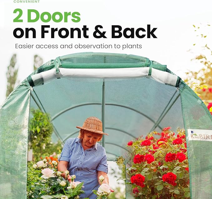 KING BIRD Premium 15x6.6x6.6FT Greenhouse for Outdoors, Large Walk-in Heavy Duty Galvanized Frame, Screen Mesh Door Window Reinforced Zipper Tunnel Hoop for Garden Plant Winter, Green
