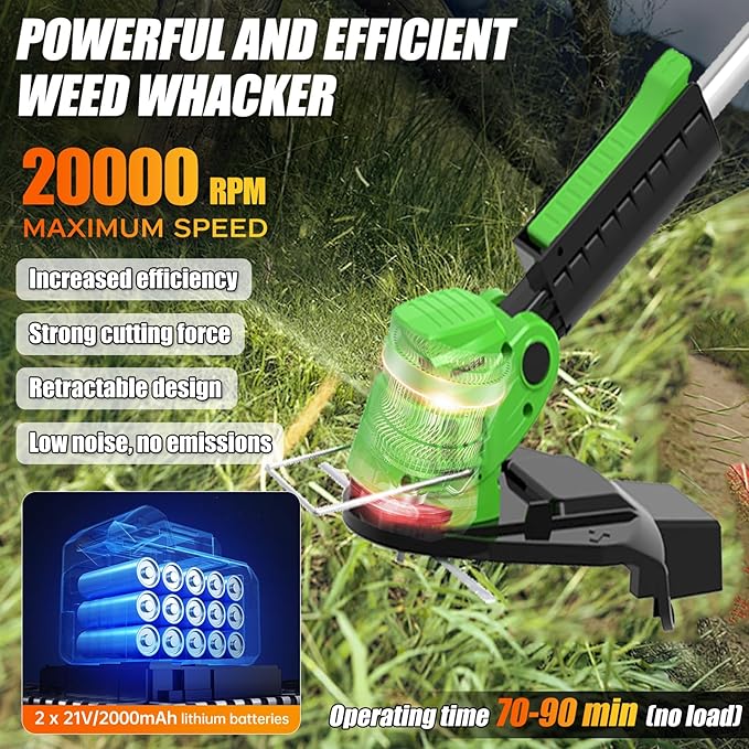 Electric Weed Wacker Eater Battery Powered Cordless String Trimmer, 21V Grass Trimmer Battery Operated Brush Cutter, 3 in 1 Lightweight Weed Trimmer/Lawn Edger/Trimmer Edger for Yard Garden