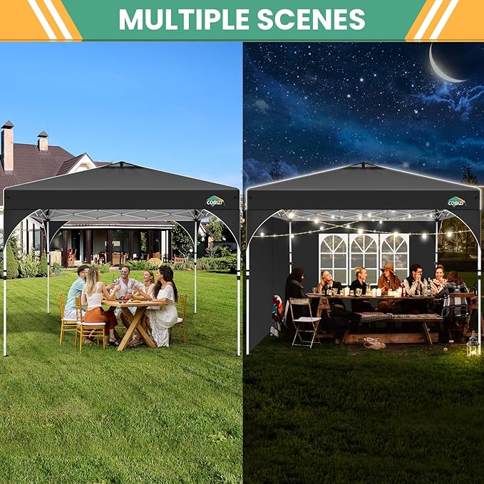 COBIZI 10x10 Pop up Canopy, Canopy Tent 10x10 with 3 Sidewalls, 1 Person Easy Set up，Tents for Parties, Outdoor Tent with Fluorescent Strip & 4 Sandbags, Waterproof, 3 Adjustable Height（Black）