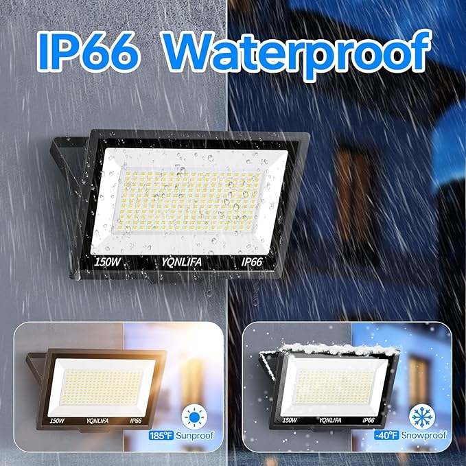150W Outdoor LED Flood Lights with 10FT Power Cord, 18000LM 5000K White Floodlight, IP66 Waterproof Plug in Flood Light Outdoor Yard Lights for Garden, Garage, Yard, Lawn, Stadium(2 Pack)