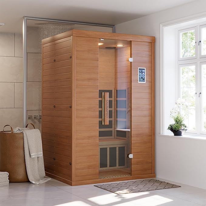 Polar Aurora 2- Person Infrared Sauna, Remotely Controllable Indoor Sauna, Low EMF 1500W/120V LCD Heater, WiFi & BT Control, 9-Color Light Therapy, Safe Flame-Retardant Material, Wood