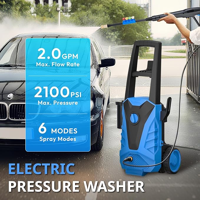 Electric Pressure Washer, 2100 Max PSI 2.0 Max GPM with Anti-Tipping Technology, Onboard Soap Tank, 4-Nozzle Set, for Cars/Fences/Driveways/Home/Patios, Blue
