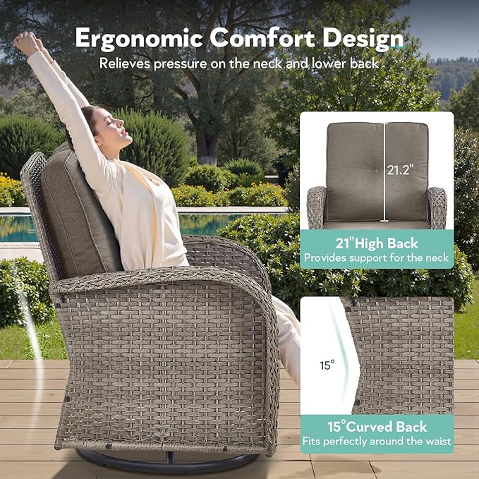7 Piece Patio Furniture Set with Fire Pit Table - Wicker Patio Conversation Set with Swivel Glider, Glider Loveseat, Side Table and 2 Ottomans for Deck Backyard - Grey Wicker Grey Cushion