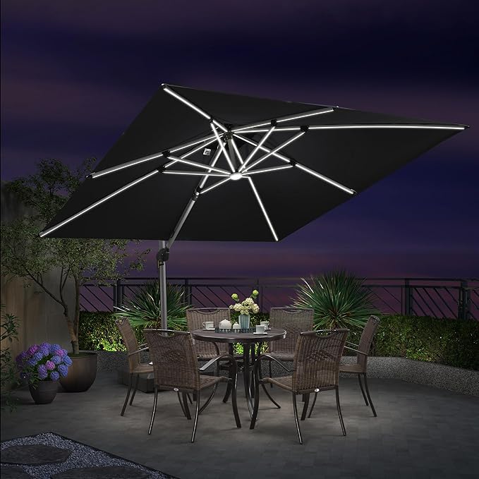 PURPLE LEAF 10 Feet Solar Powered LED Square Cantilever Umbrella With Base Patio Umbrellas Windproof Hanging Umbrella Outdoor Offset Umbrellas, Black