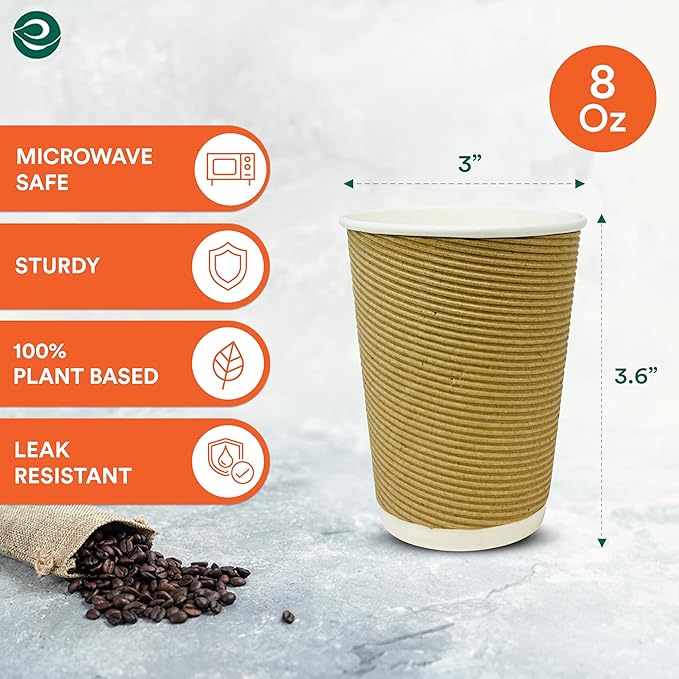 ECO SOUL 12oz Compostable Ripple Cups (200 Pack) – Biodegradable Paper Cups, Non-Toxic Disposable Cups for Hot Drinks, To-Go Coffee Cups, Eco-Friendly & Ripple Paper Cups