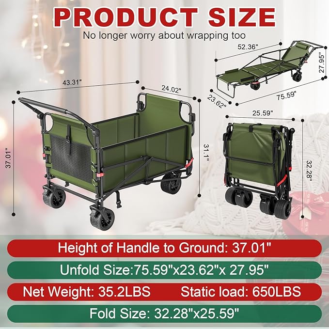 LEVELEVE Heavy Duty Folding Wagon - 2-in-1 Collapsible Cart, 650lb Capacity, All-Terrain Wheels w/Brakes & Side Pockets (Army Green)
