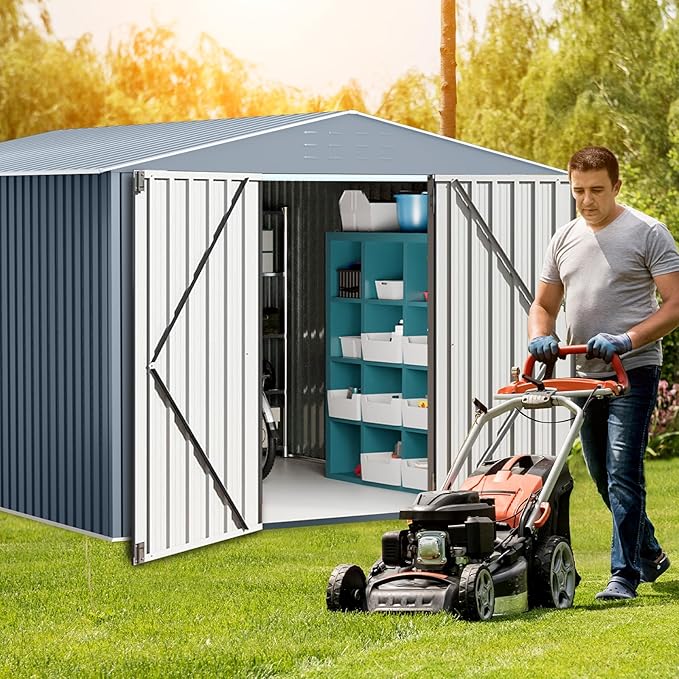 10x12 Ft Outdoor Metal Storage Shed, Galvanized Steel Garden Sheds with Lockable Doors, Extra Large Utility and Tool Storage for Patio Lawn Backyard Outside Use, Grey